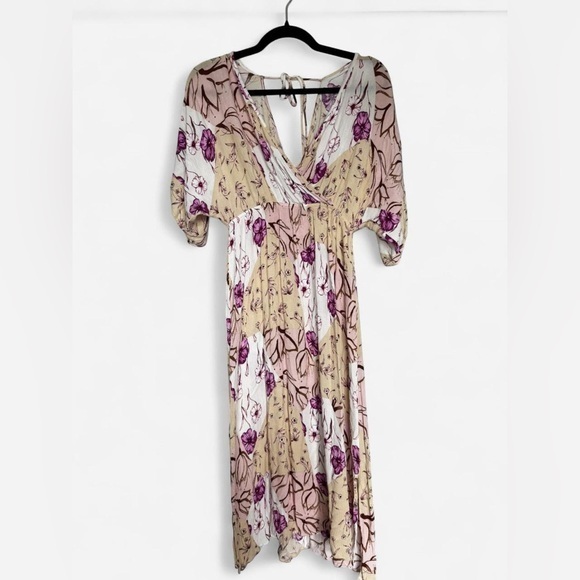 Dresses & Skirts - Floral Cottagecore Maxi Dress Puff Sleeve Wrap Tie Back Boho Small